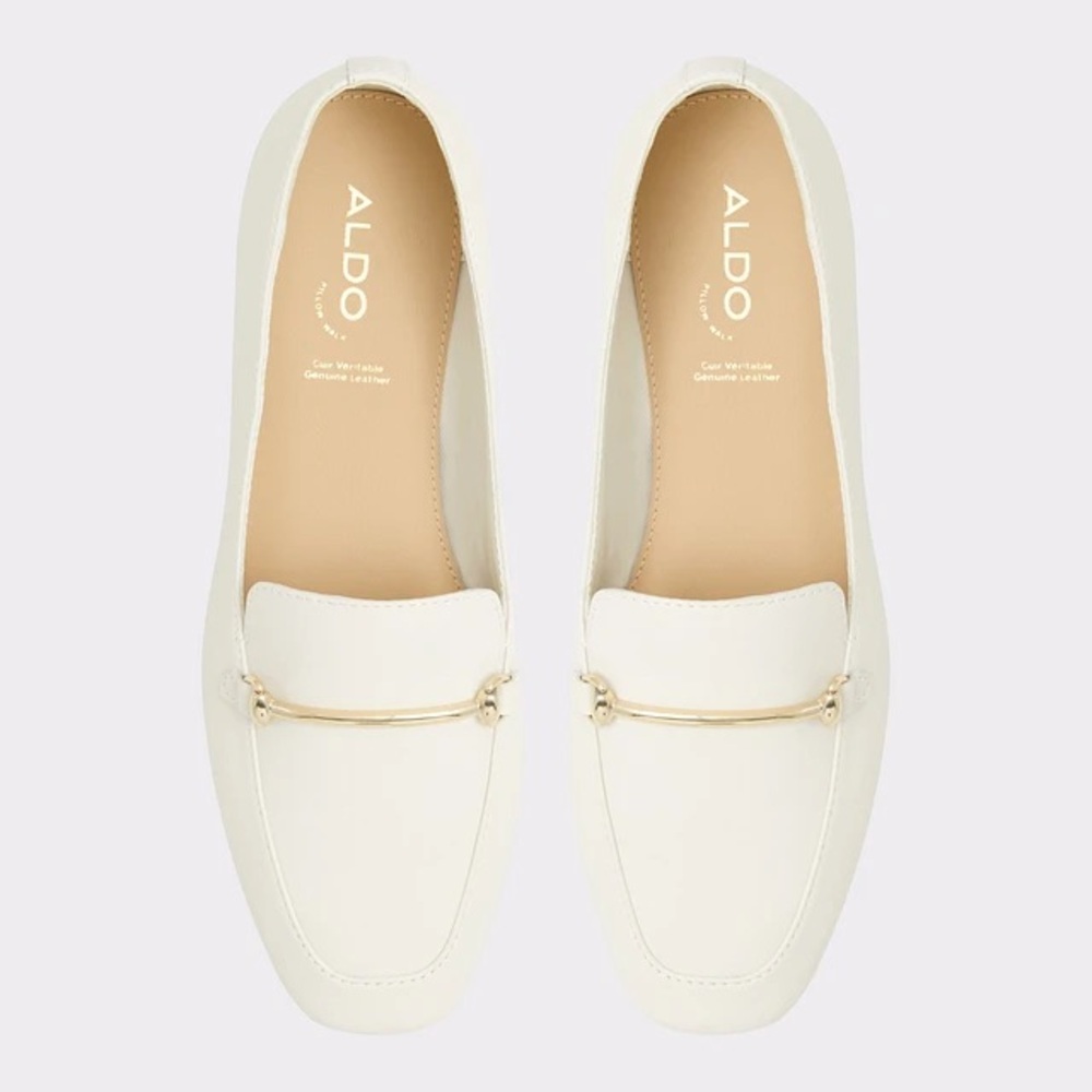 ALDO Women's Cream Leather Loafers with Gold Hardware Detail